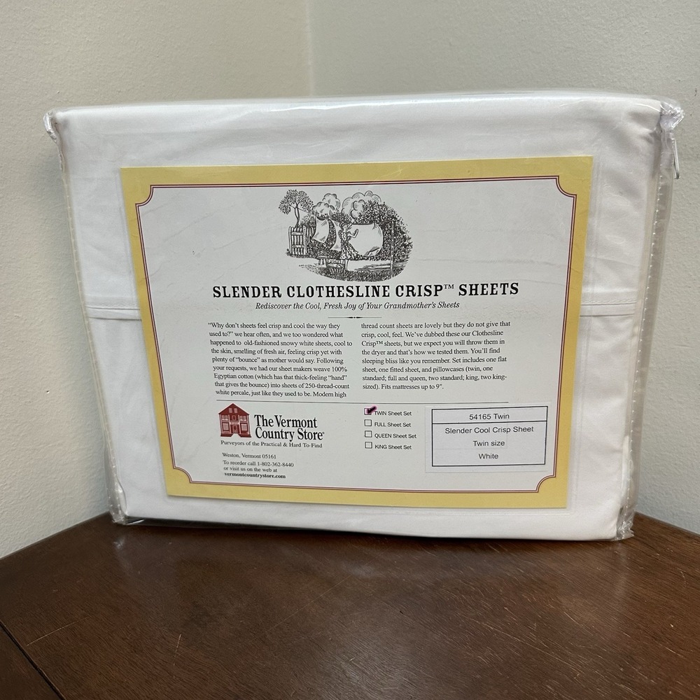 Vermont Country Store Clothesline Crisp Twin Sheet Set 100% Egyptian Cotton NEW